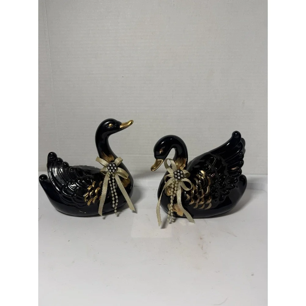 VTG Black Gold Ceramic Swans Set Animal Figurines Made In Taiwan 5